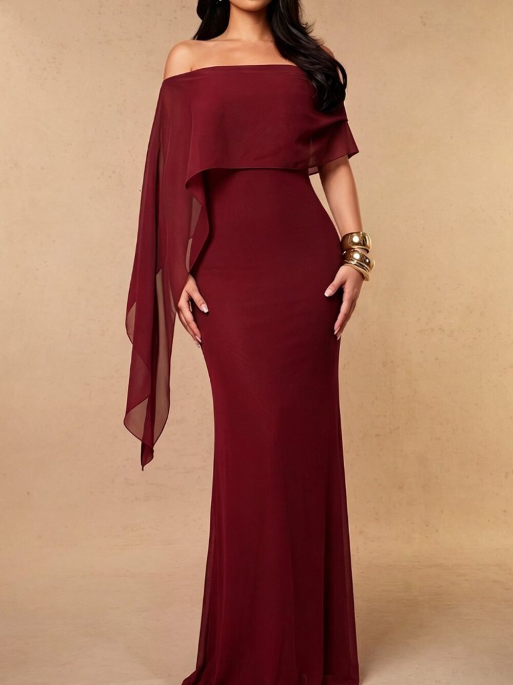 Burgundy Slim Fit Women's Mermaid Long Off The Shoulder Fitted Maxi Party Dress